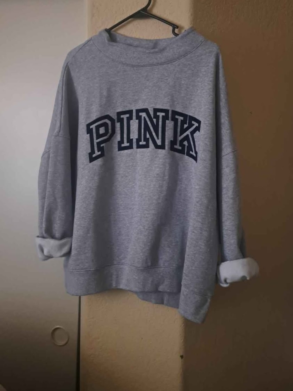 PINK Victoria's Secret Light Gray Mock Crewneck Sweatshirt with Navy Logo